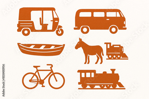 Peruvian transportation vector icons in torn textured tidy grid on white background
