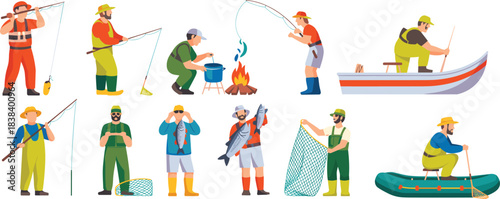 Cartoon fishing character set with rods, nets, boats, and catch for outdoor, recreational, and lifestyle illustration themes.