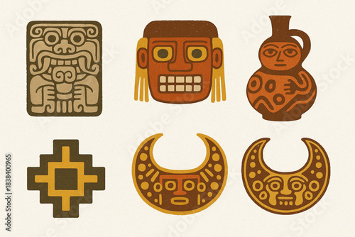 Pre-Inca cultures vector icons in torn textured balanced grid on white background