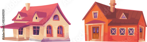 Cartoon house set featuring beige porch home and red brick cottage for architecture, lifestyle, and illustration themes.