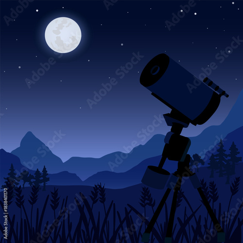 A peaceful night landscape showing of a telescope against a starry sky and glowing moon. Mountains and trees frame the horizon, making it a perfect design for astronomy, science, stargazing.
