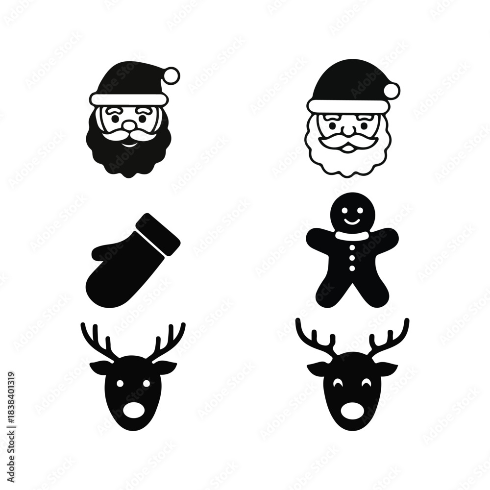Fototapeta premium Christmas icons set: santa, gingerbread man, reindeer, mitten, holidays
