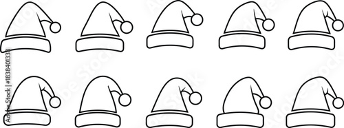 Ten black outline icons of classic santa claus hats arranged in two neat rows for holiday design projects