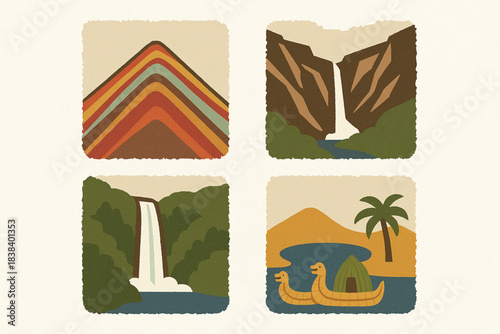 Peruvian natural wonders vector icons in torn textured grid on white background
