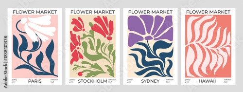 Set of abstract Flower Market posters. Trendy botanical wall arts with floral design. Modern botanical illustrations for prints,flyers, banners, invitations,  covers