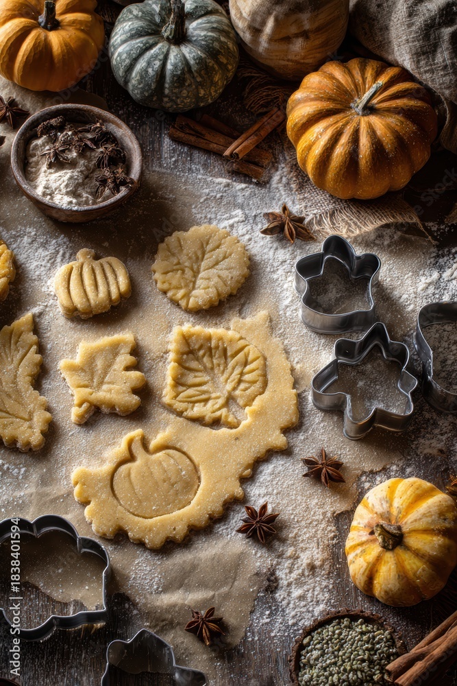 Fototapeta premium Crafting autumn cookies: pumpkin and leaf shapes, spices, flour dust.
