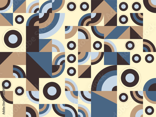 Abstract retro geometric pattern design with circles, squares, and arcs in a harmonious mosaic layout
