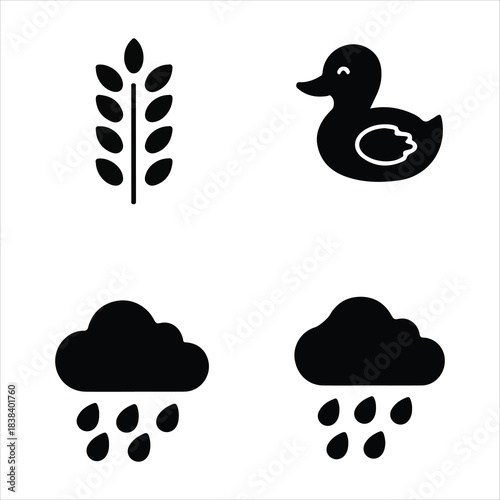 Set of four isolated vector icons: wheat, duck, and rain clouds