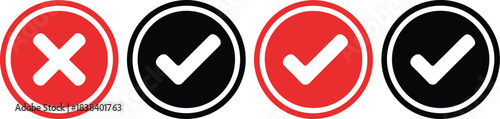 UI feedback icons red X for errors/rejection, white checkmarks on red/black circles for approval/correct choices. Clear visual communication