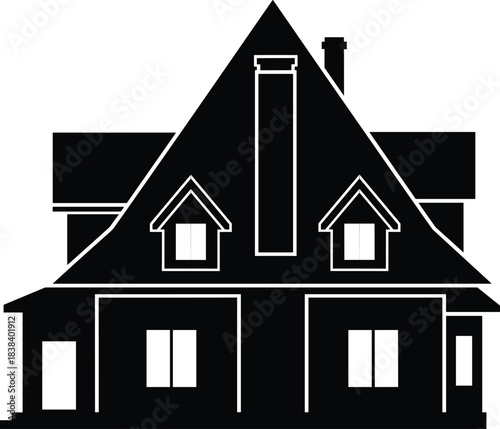 Classic black silhouette illustration of a charming detached two-story house with a prominent chimney and gable roof, ideal for home and real estate concepts.