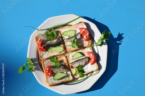 Toast with cheese, herring and vegetables.