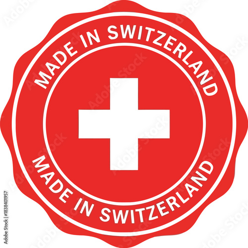 Swiss made quality seal emblem round badge with cross symbol high precision craftsmanship vector