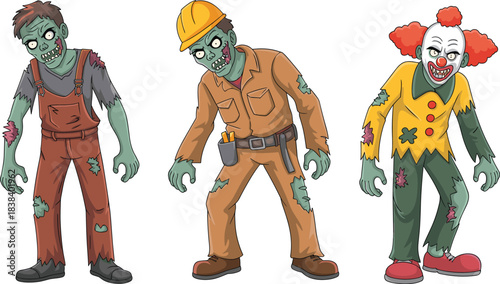 Cartoon zombie trio in farmer, construction worker, and clown outfits with green skin and wounds for horror and humor themes.