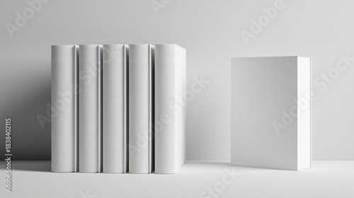 Row of blank white book spines standing next to one closed book