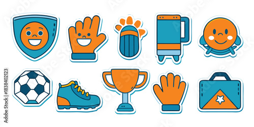 Cute soccer sticker sheet collection, kawaii cartoon vector illustrations of football elements, trophy and fan gear with white border.
