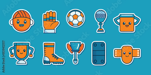 Cute soccer sticker sheet collection, kawaii cartoon vector illustrations of football elements, trophy and fan gear with white border.