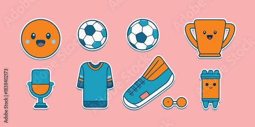 Cute soccer sticker sheet collection, kawaii cartoon vector illustrations of football elements, trophy and fan gear with white border.