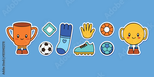 Cute soccer sticker sheet collection, kawaii cartoon vector illustrations of football elements, trophy and fan gear with white border.
