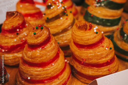 Delicious croissants with cream for the Christmas holidays. Creative baking for the new year