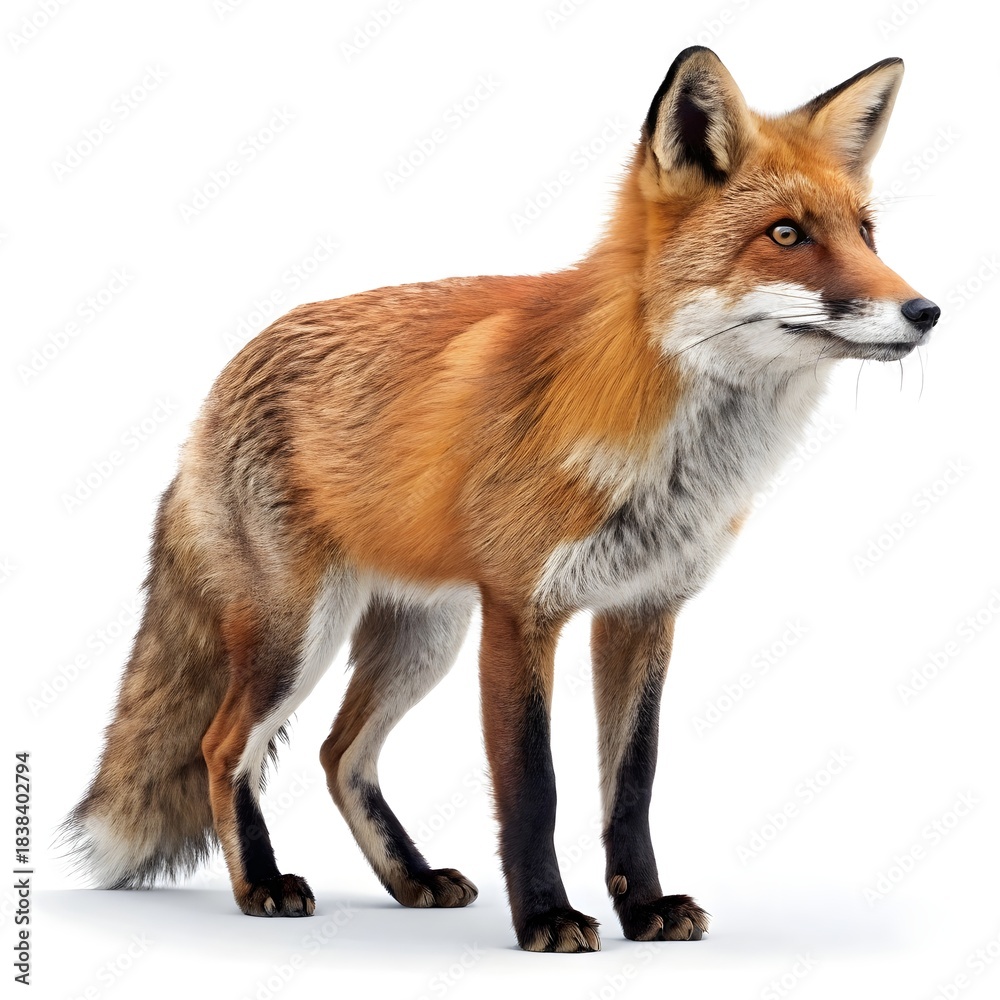 Fototapeta premium Red Fox Standing on White Background, Alert Expression, High-Detail PNG for Wildlife and Nature Graphics