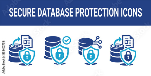 Secure database protection icons featuring data storage, shield lock symbols, file backup, network connection and verification elements, representing cybersecurity, safe data management and modern inf