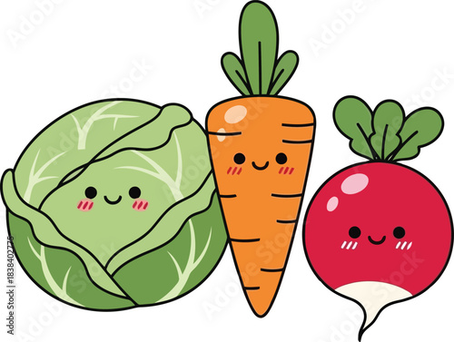 Cute cartoon cabbage carrot and radish characters smiling