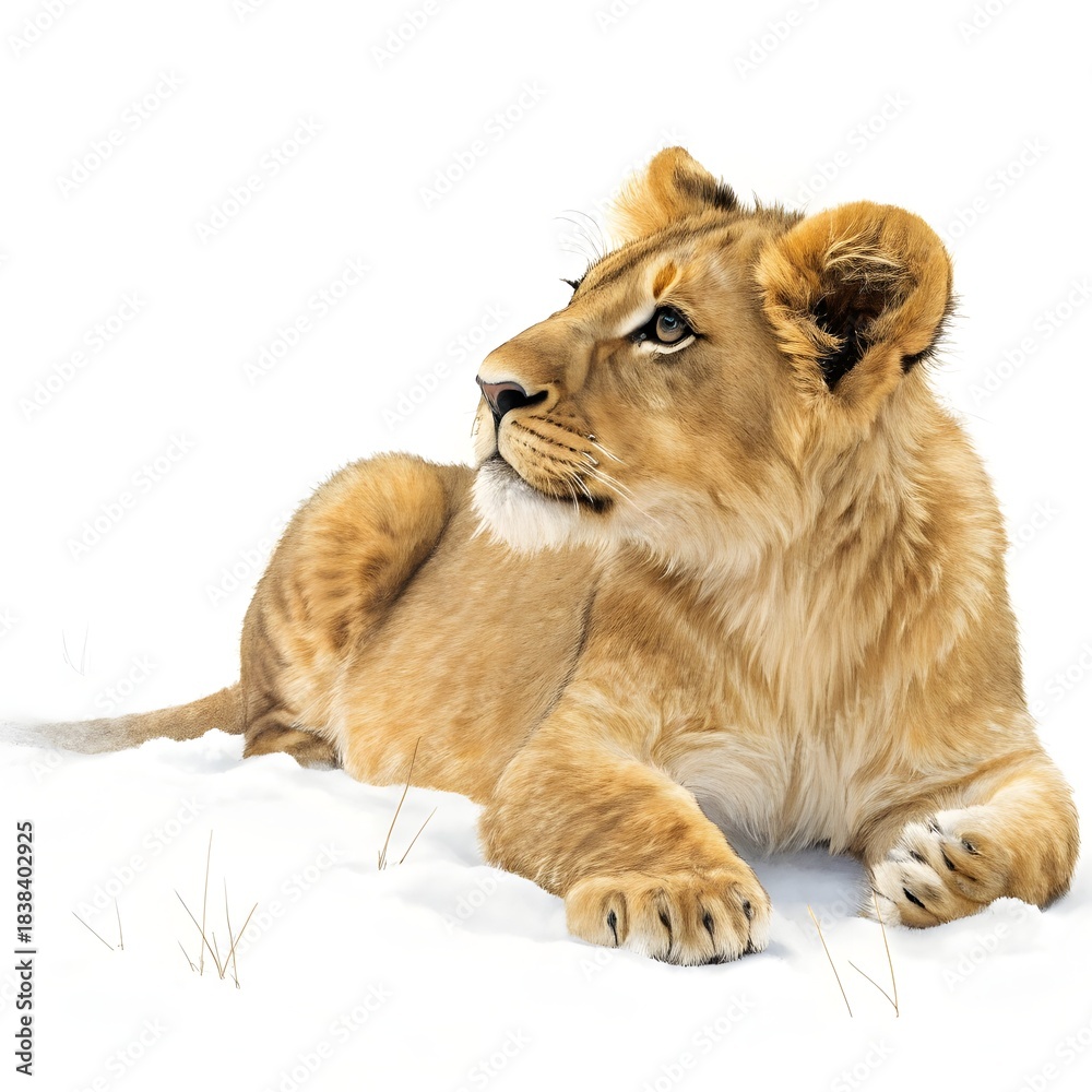 Obraz premium Lion Cub Lying Down Isolated on White Background