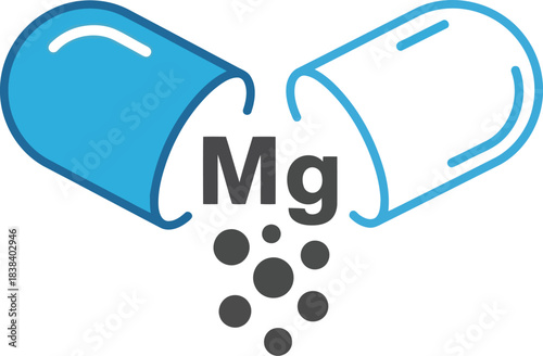 Open capsule reveals magnesium supplement granules for health and wellness nutrition science vector