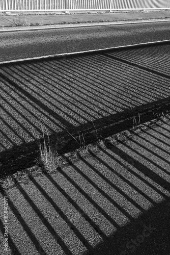 Long shadows of metal railings on the road