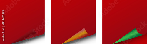 Set of three red backgrounds with curled corners in different colors (orange, green, and gray), representing modern design, announcements, or promotional materials, ideal for creative layouts, banners