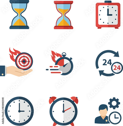Time management icons set hourglass clock stopwatch alarm timer targets arrows minutes hours seconds vector