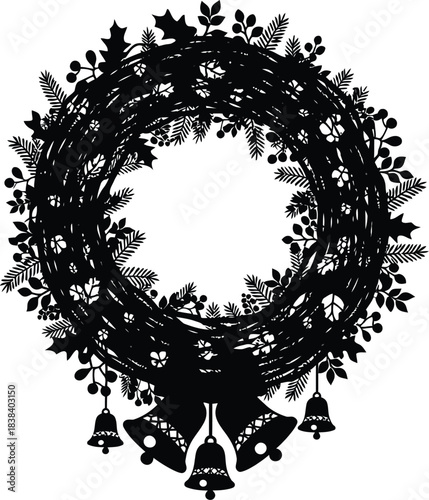 Black silhouette of a festive holiday wreath adorned with detailed foliage and hanging jingle bells perfect for winter celebration designs