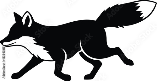 Black silhouette of running fox isolated on white background digital illustration.