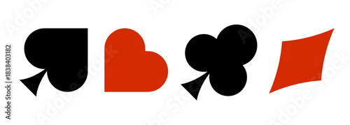 Set of four playing card suit symbols: spades, hearts, clubs, and diamonds, designed in a modern, minimalist style with bold black and red colors, ideal for use in games, card-related graphics.