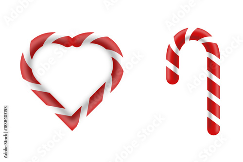 Candy cane and heart shapes made of red and white striped sweets, perfect for Christmas or holiday-themed designs, decorations, and festive graphics that evoke joy, celebration, and sweet treats