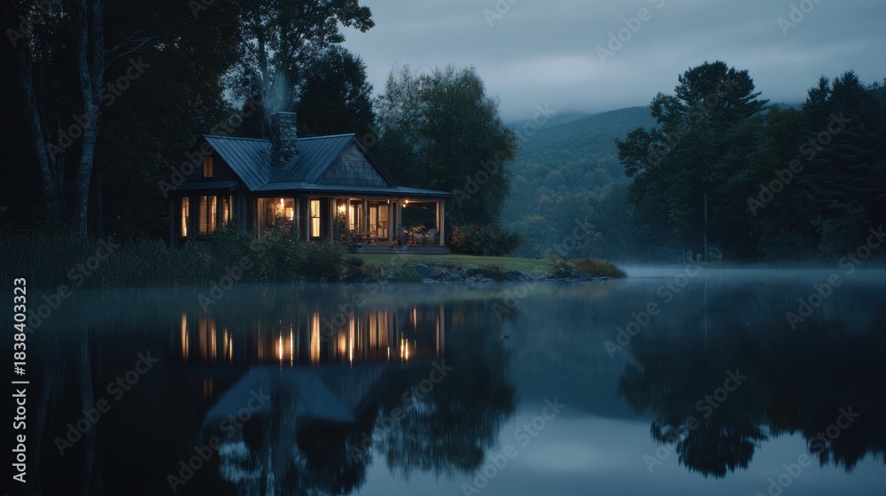 Fototapeta premium Cabin glows warmly by a tranquil lake under a dusky sky, reflecting lights.