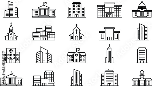 Public building icons set, government and institutional architecture illustrations, school hospital church symbols, corporate office structures, city infrastructure and landmark graphics collection