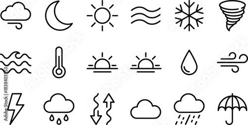 Weather icons set, climate and forecast illustration collection, sun rain wind symbols, atmospheric conditions graphics, temperature nature elements for meteorology design