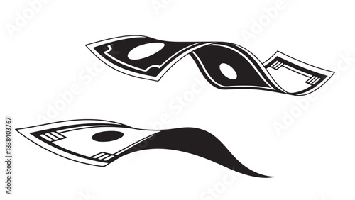 Vector illustration of two floating black and white banknotes with wavy distortion, isolated money bills for financial loss or inflation concepts