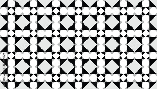 A seamless geometric pattern composed of diamond and square formations arranged in a structured grid. The black, white, and gray tones create a clean, modern, and high-contrast look