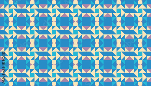 A vibrant abstract pattern combining triangle clusters into interconnected square shapes. The mix of blue, cream yellow, and lavender tones enhances its modern and decorative appearance
