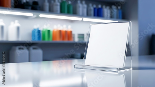 Clear acrylic sign holder on reflective surface with blurred background of bottles