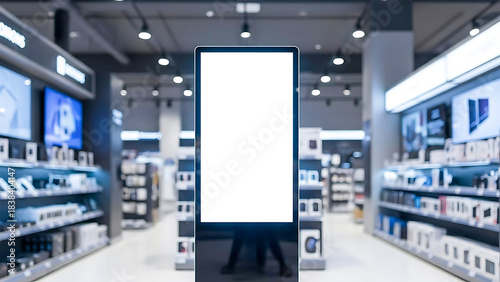 Digital display screen in electronics store aisle kiosk
