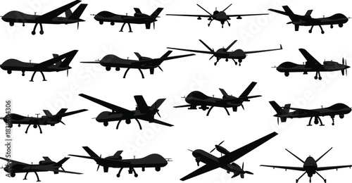 Silhouette collection of various military MALE UAV drone aircraft models, dark gray unmanned aerial vehicle predator sketches, detailed remote-controlled aviation technology flat vector illustration.