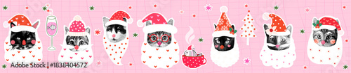 Vector Santa Claus cat faces, Halftone collage Christmas kitty faces banner, posters