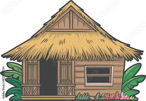 Rustic Wooden Hut with Thatched Grass Roof Surrounded by Lush Tropical Foliage