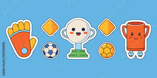 Cute soccer sticker sheet collection, kawaii cartoon vector illustrations of football elements, trophy and fan gear with white border.