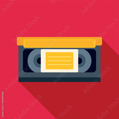 Retro vhs video cassette with colorful flat design on a red background