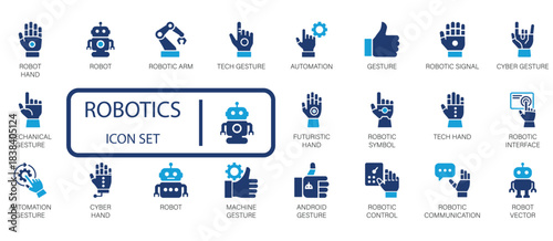 Robotics and Automation icon set in blue. Includes robot hands, futuristic gestures, mechanical control, and tech interfaces. Ideal for AI, technology, and engineering projects