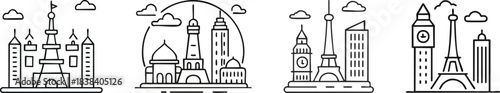 Global landmarks monoline art showcasing iconic monuments with refined minimal vector outline for clarity